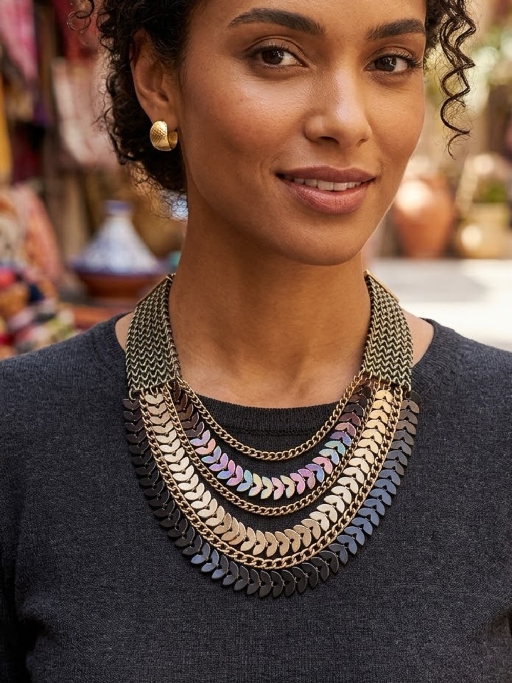Cara New York Multi-Strand Scale & Leaf Necklace - Metal Tones - 22” Statement!